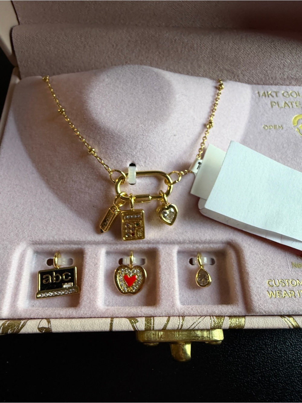 New Charmbar Gold Tone 6 Charm Necklace Link Teacher Apple Heart Crystals abc